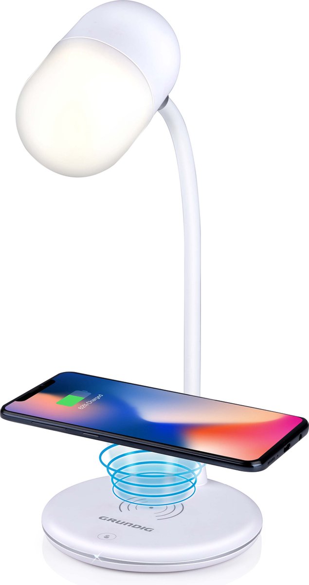 Grundig bureaulamp led 3-in-1 - draadloze telefoonoplader qi technologie - bluetooth speaker - leeslamp - wit