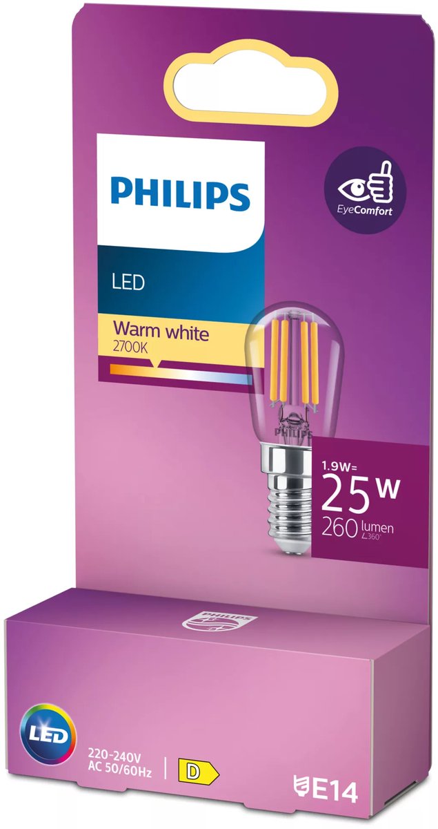 Philips led lamp - t25 lampvorm - koelkastlampje met e14 fitting - warmwit licht: 2700k - 25w - helder glas