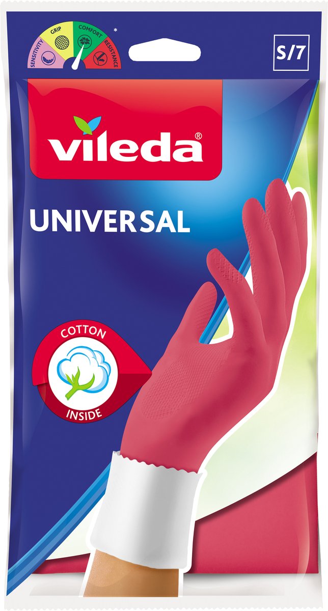 Vileda universal - huishoudhandschoenen – maat s – 1 paar – roze – katoenvoering – 100% natuurrubber