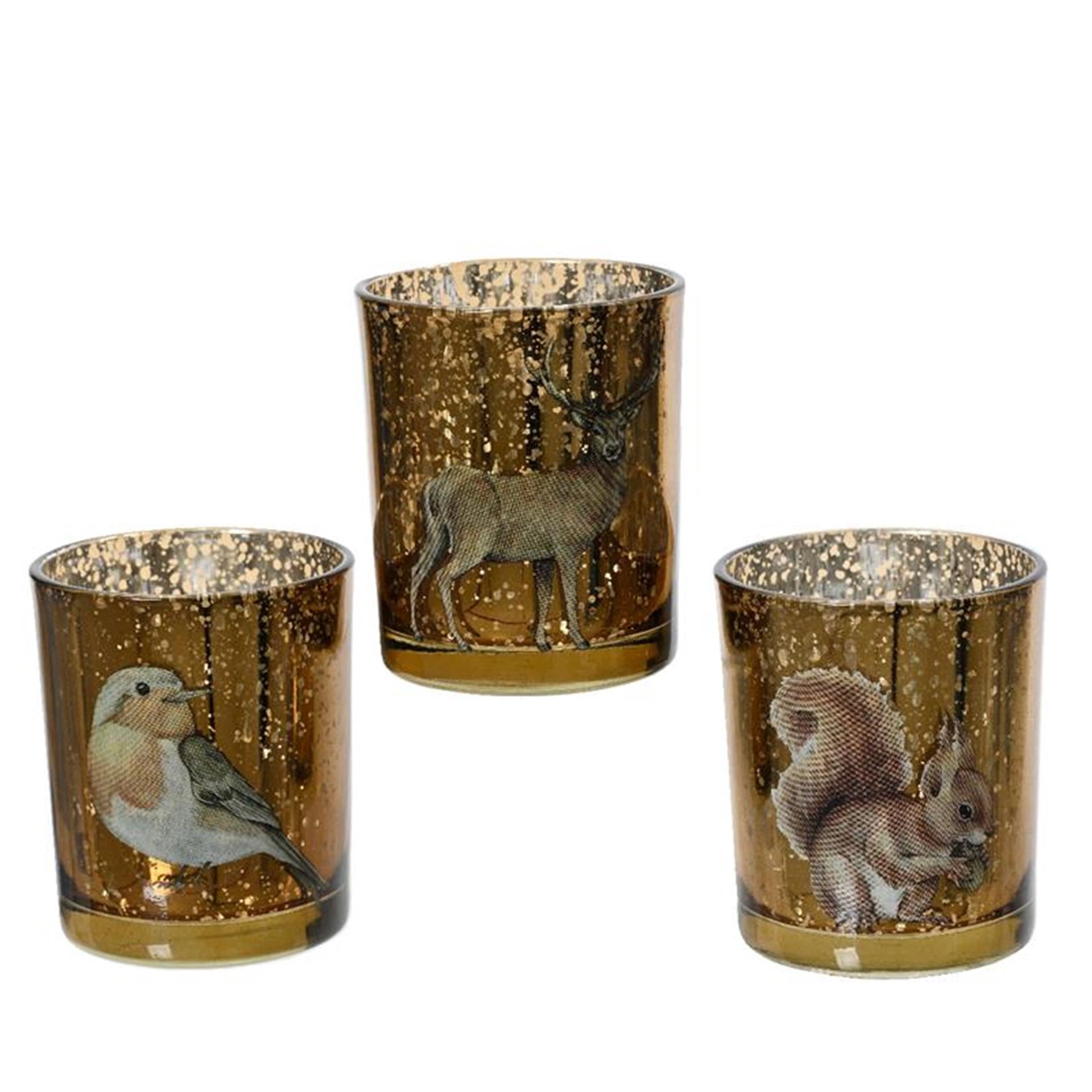Decoris theelichthouder glas met dieren goud