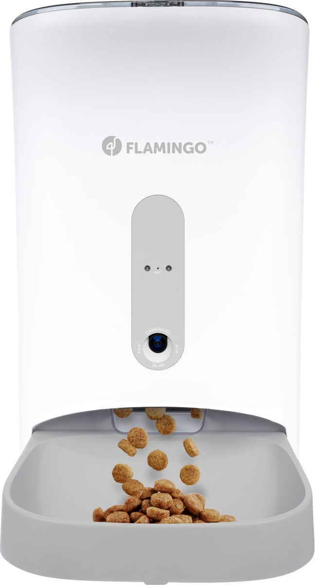 Flamingo automatische voerbar met camera – slimme voederautomaat kat en hond – app-bestuurbare droogvoerdispenser – 4,5l – wit – model omega