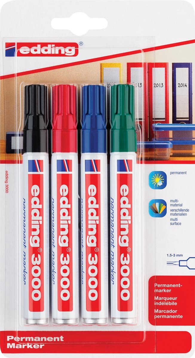 Edding 3000 permanent marker - zwart, rood, blauw, groen - 4 stiften - ronde punt 1,5-3mm - water en wrijfvast - voor karton, kunststof, hout, metaal, etc. - alcohol markers voor volwassenen