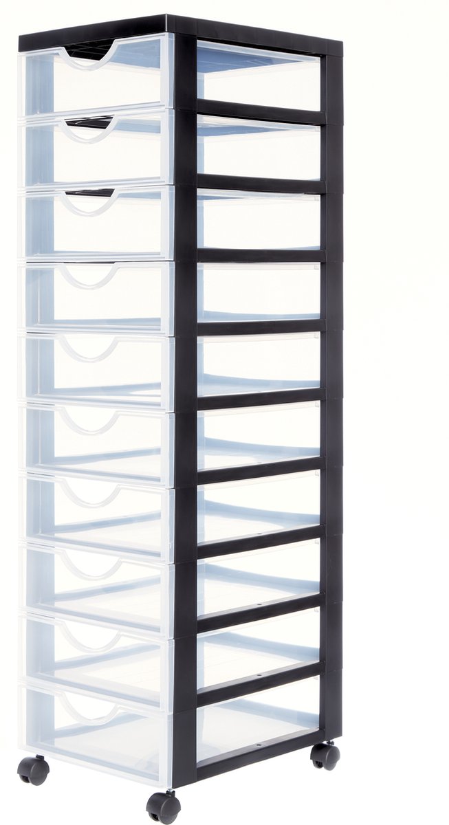 Iris easygrip chest ladekast - 10 lades x 7,5l - kunststof - zwart transparant - met wieltjes