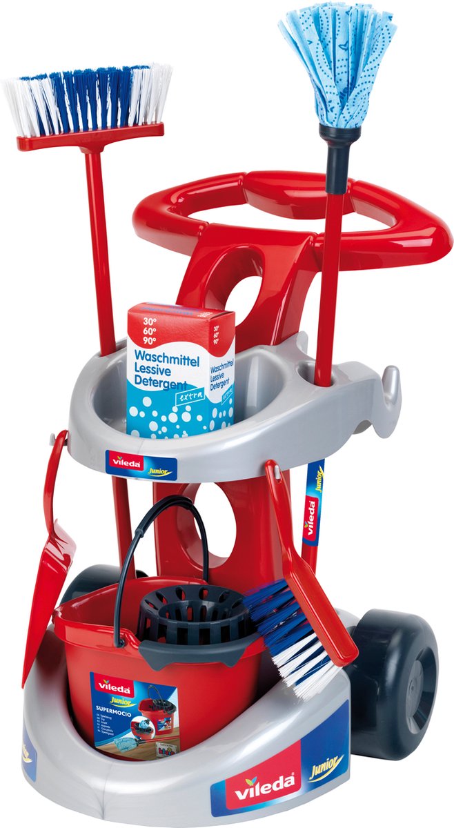 Klein toys vileda reinigingswagen - dweil, bezem en verscheidene huishoudelijke accessoires - 61 cm lange dweil - 55,5 cm lange bezem - rood blauw
