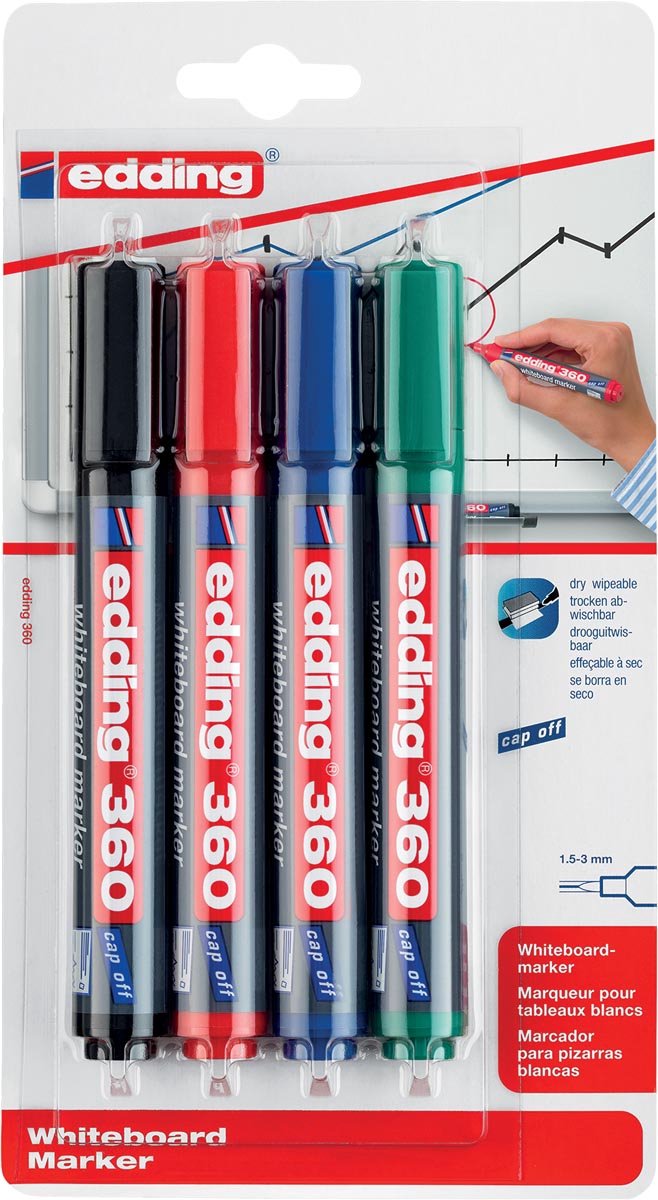 Edding viltstift 360 whiteboard - rond - assorti - 3mm - blister - 4 stuks