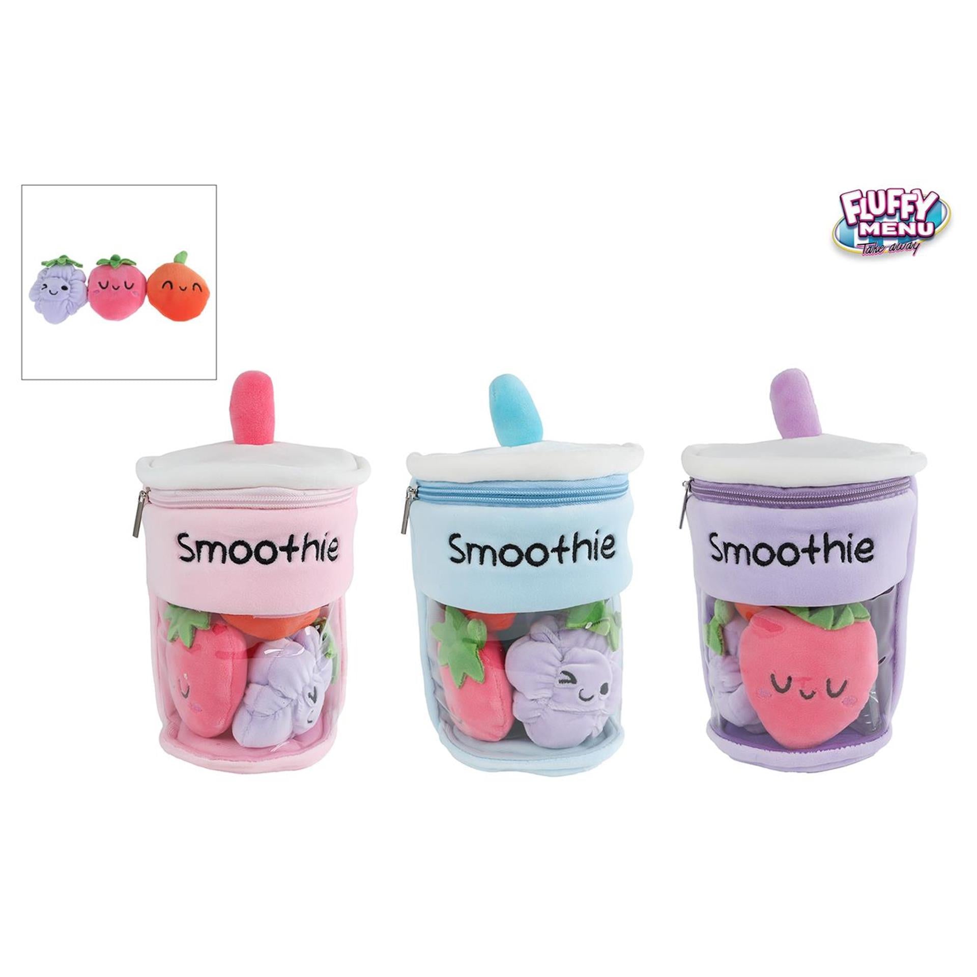 Fluffy menu pluche smoothie met 3 stuks fruit 25cm 3 assorti