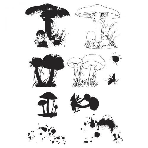 Sizzix • clear stamps set a5 with framelits die painted pencil mushrooms