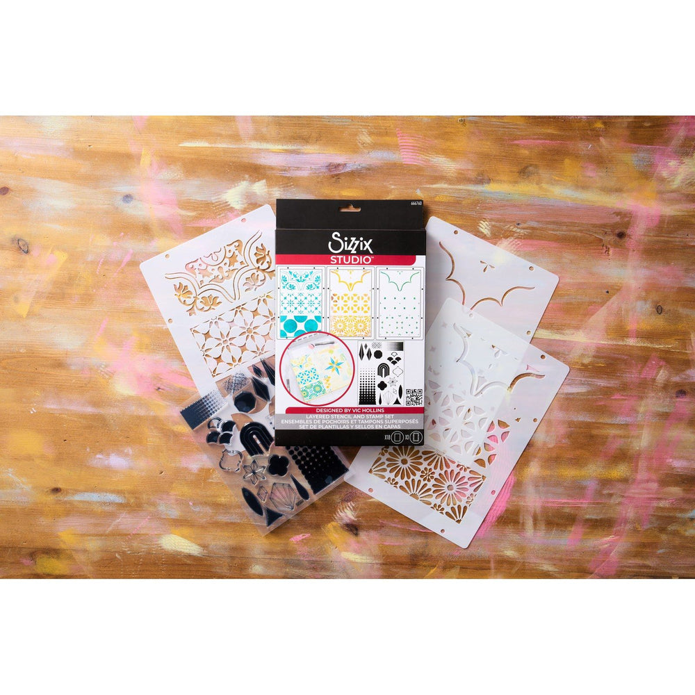 Sizzix • studio stamps set 18pcs 3pcs stencils geometric by vic hollins