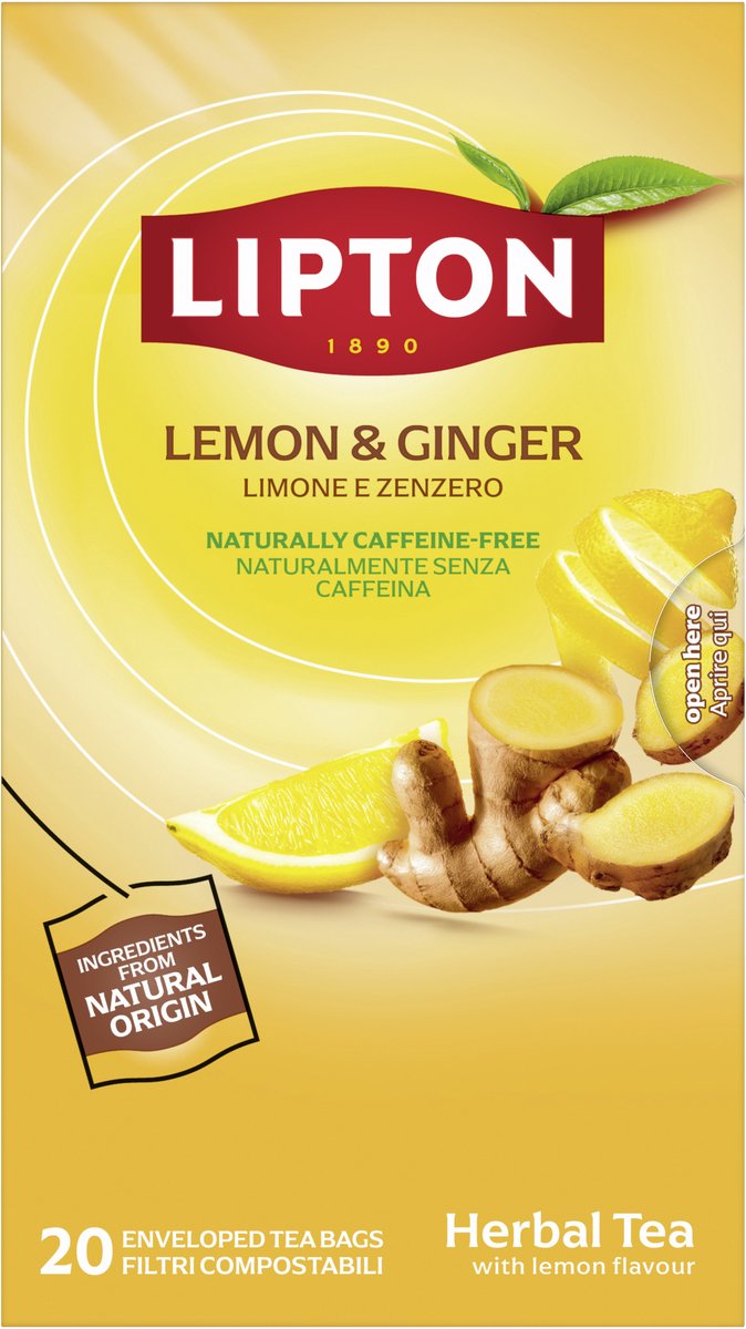 Lipton herbal tea lemon ginger - 80 piramide theezakjes - kruidenthee citroen gember - 4 x 20 zakjes - voordeelverpakking