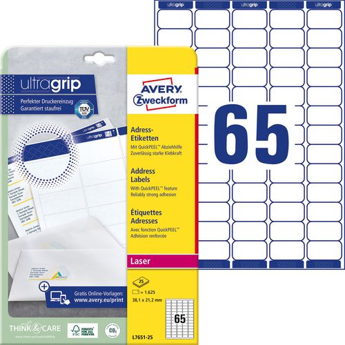 Adresetiketten avery zweckform quickpeel 38 x 76 mm wit