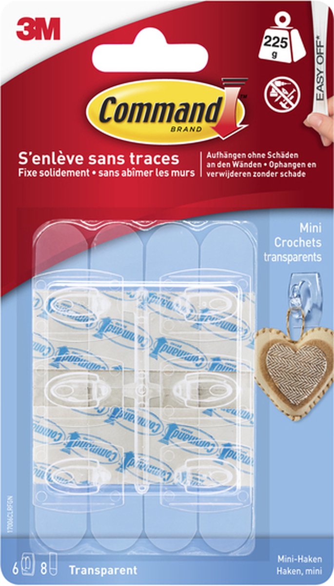 3m command™ doorzichtige mini haken met doorzichtige strips, 6hks+8s pk