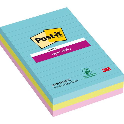 Notes post-it super sticky 152x101mm assorti pak 3 stuks 90 vel