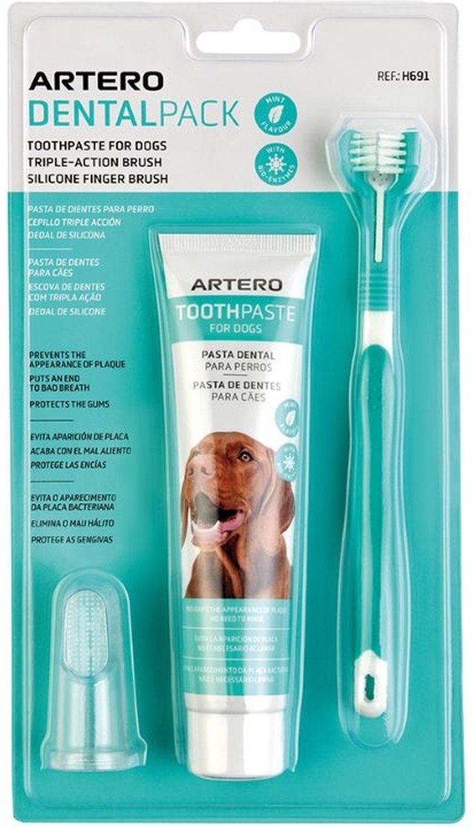 Artero dental pack - 3 delige tandreinigings set hond - met tandenborstel, tandpasta en siliconen vinger tandenborstel