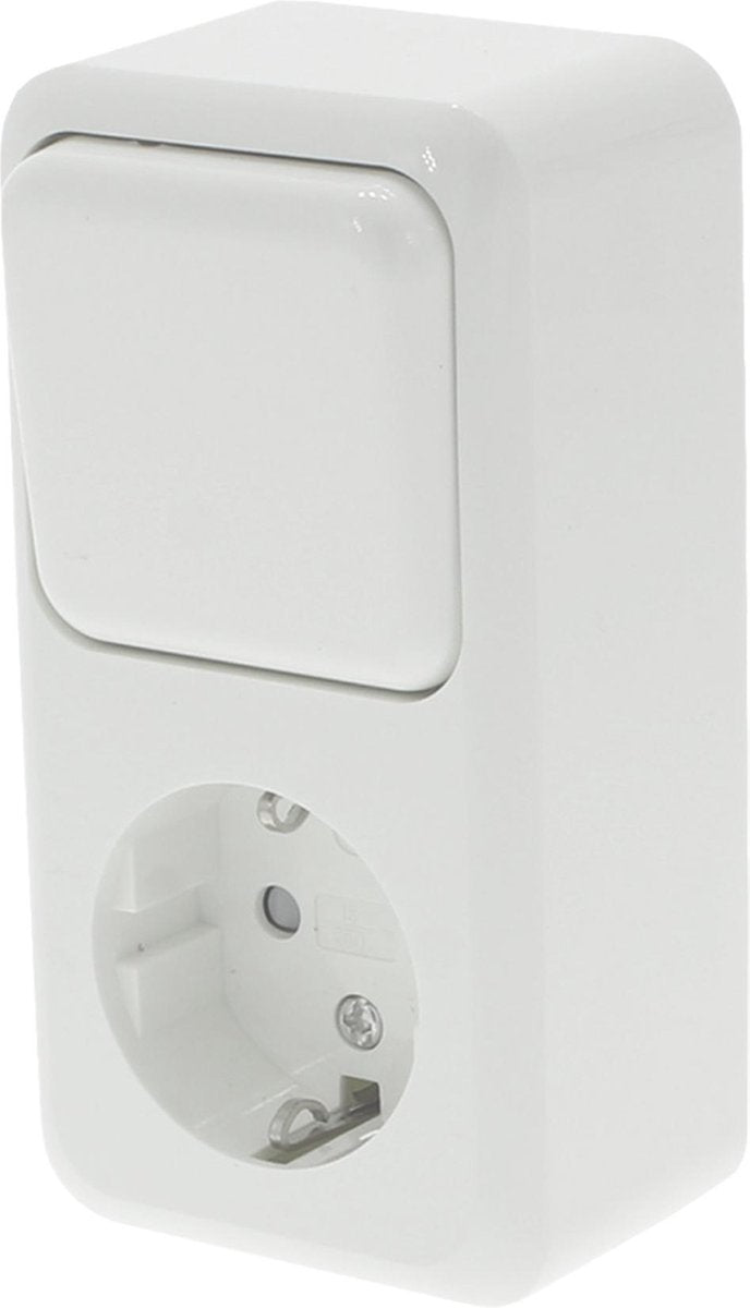 Q-link - wandcontactdoos - opbouw - 1-voudig stopcontact - 1-voudig wisselschakelaar - randaarde - kinderbeveiliging - polarwit