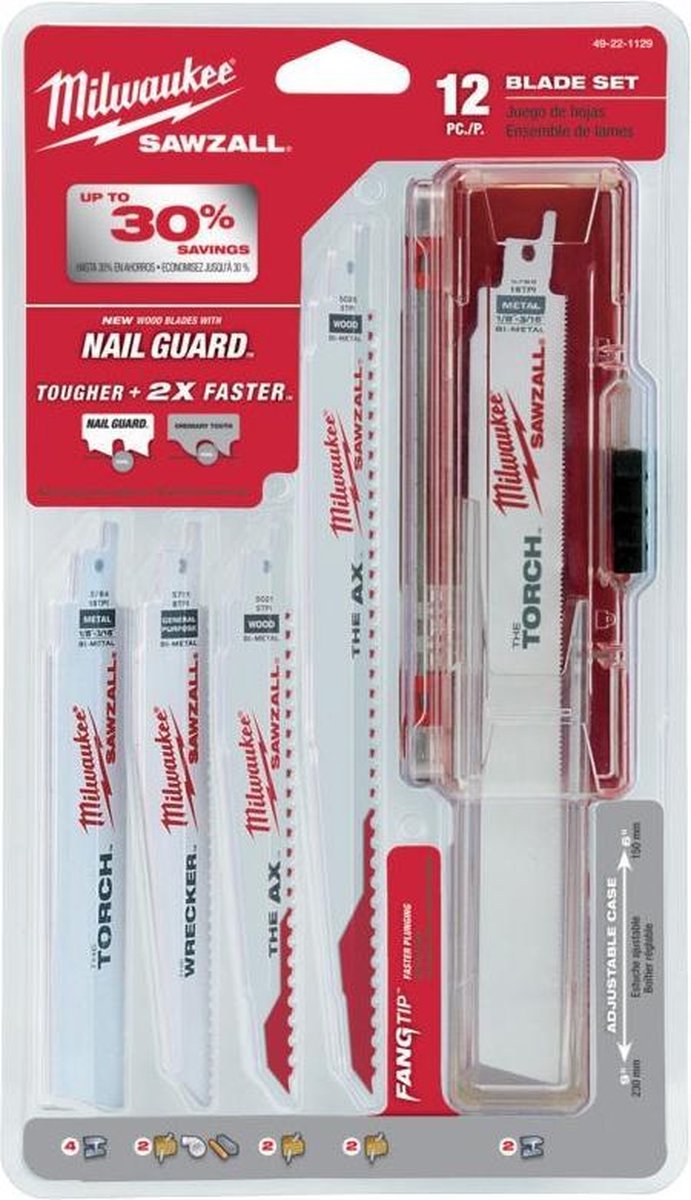 Milwaukee 49221129 49222229 12 delige reciprozaagbladen set - hout metaal sloopwerk