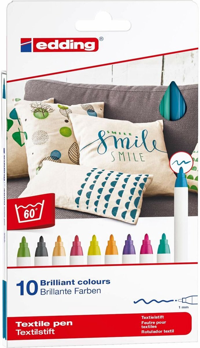 Edding 4600 textielstift assorti fun kleuren set - ronde punt - 1 mm - set van 10 stuks - kleding versieren - textielstiften wasmachinebestendig (60°c) om op textiel te tekenen - na het strijken wasmachine bestendig