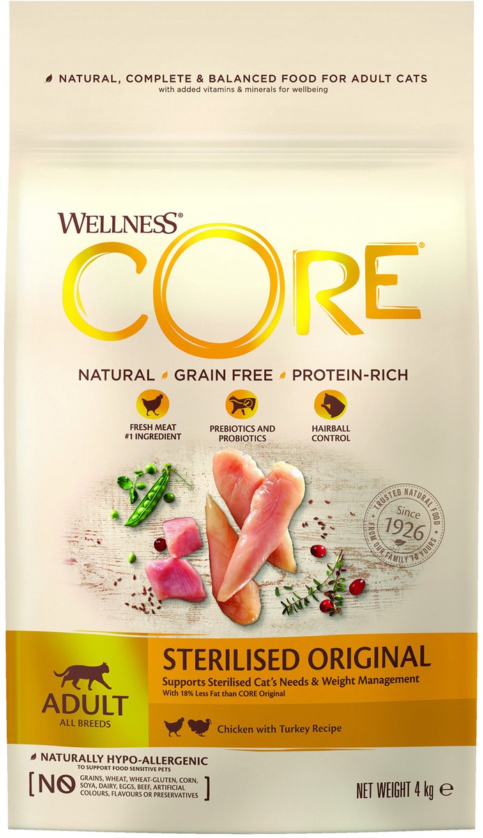 Wellness core grain free cat sterilised kip kalkoen - kattenvoer - 4 kg