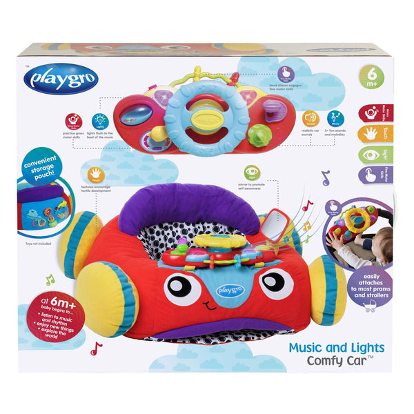 Playgro comfy car - babyzitje met activiteiten - pluchen zitkussen auto met stuur, licht en muziek - interactief babyspeelgoed - kraamcadeau babyshower cadeau - vanaf 6 maanden - 52 x 57 cm