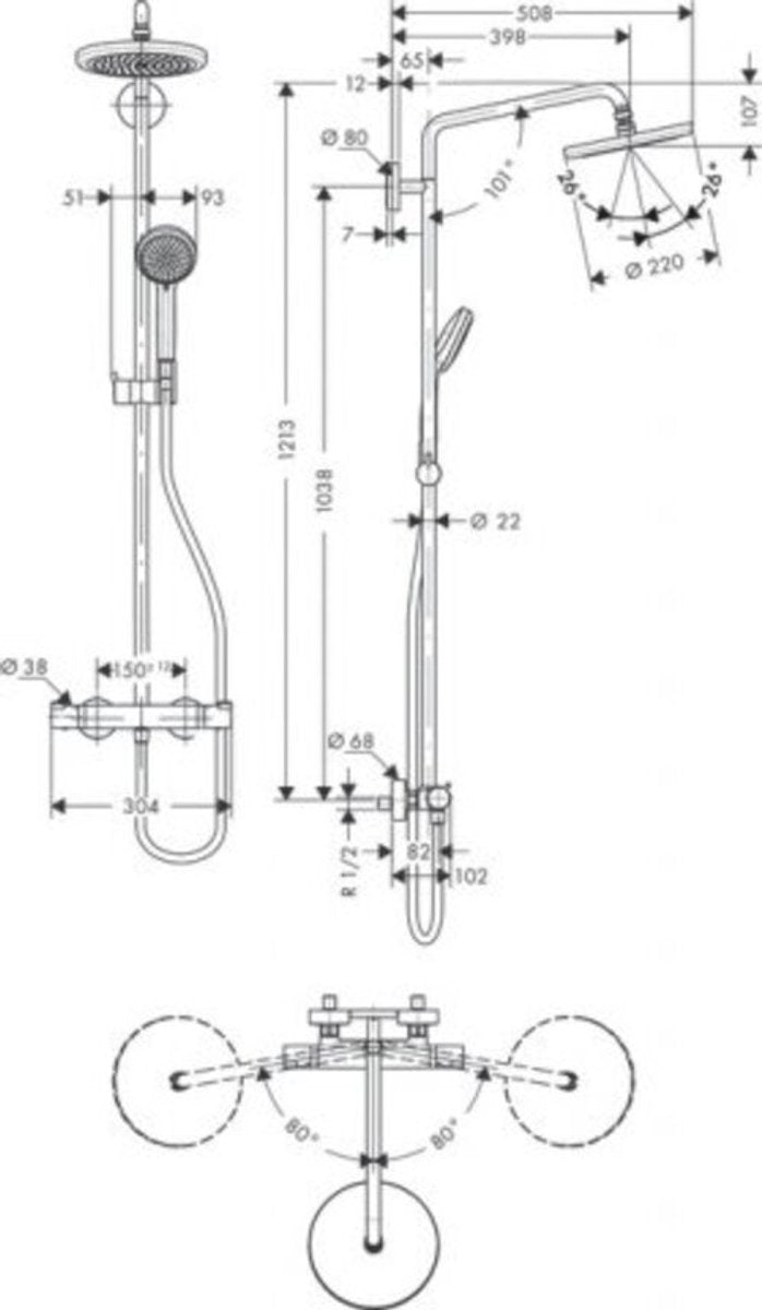 Hansgrohe croma showerpipe 220 1jet met thermostaat chroom