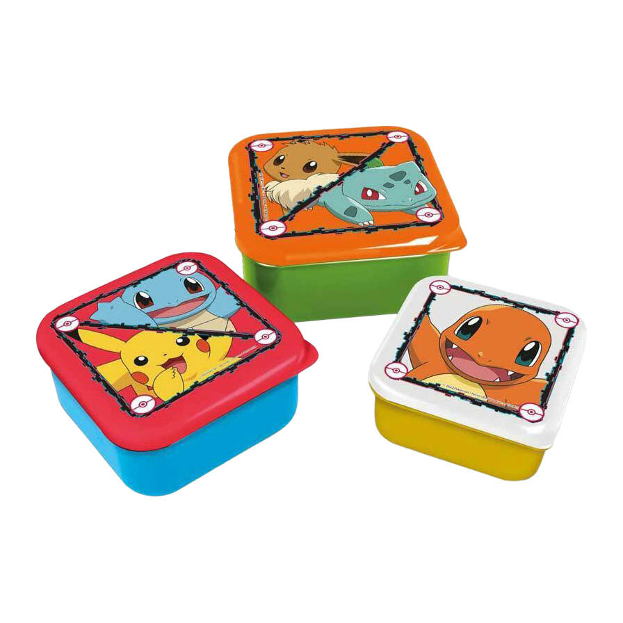 Stor pokémon 3-in-1 snackdoosjes - 3 formaten - vierkant - sluit goed af - lunchboxen voor kinderen - los deksel - geschikt voor koekjes, fruit en snacks - blauw geel groen