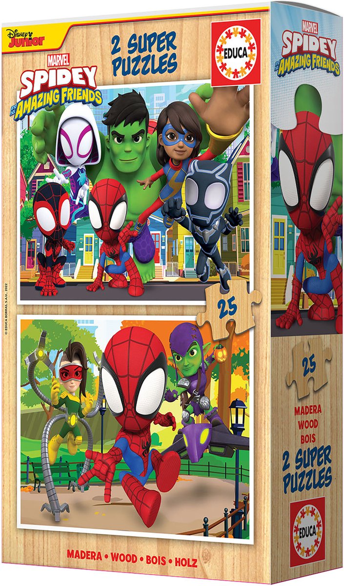 Educa - puzzel spidey his amazing friends - hout - 2x25 stukjes - legpuzzel voor kinderen.