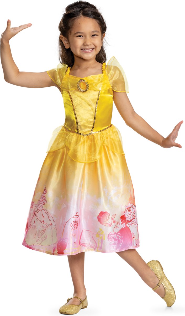 Disguise disney prinses - beauty the beast, belle verhalenboek jurk classic, maat xs (3t-4t jaar), meisjes