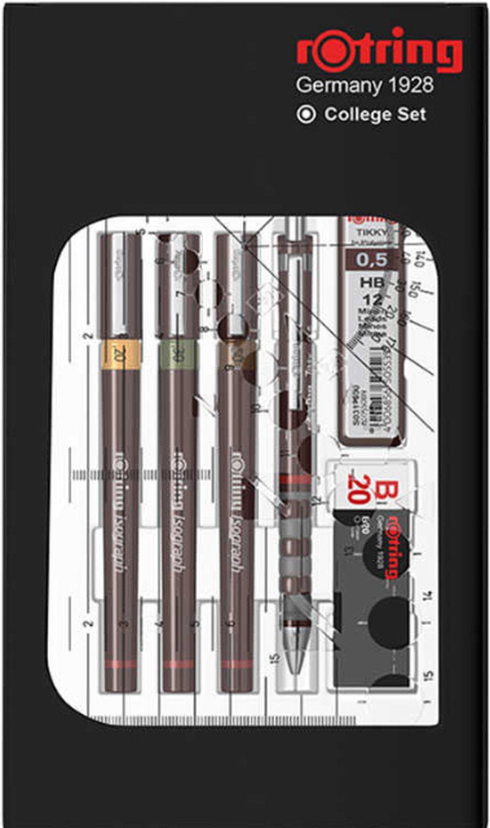 Rotring isograph-pennenset technische pen en vulpotlood collegeset | 3 pennen (0,2 mm, 0,3 mm, 0,5 mm) en mechanisch vulpotlood (0,5 mm) plus accessoires | 9 stuks