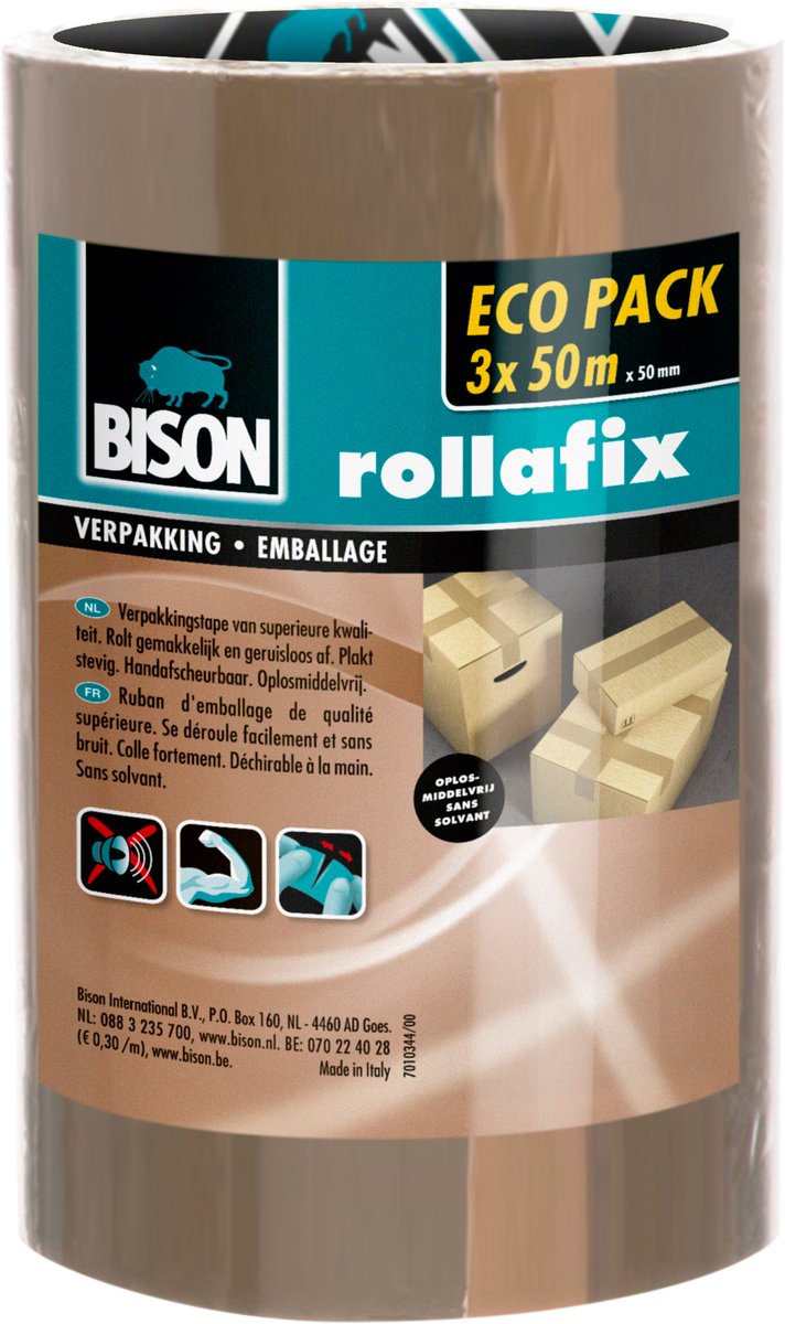 Bison 3 rollen rollafix verpakkingstape bruin voordeelpak 50 meter x 5 cm, met de hand afscheurbaar, sterke verpakkingstape