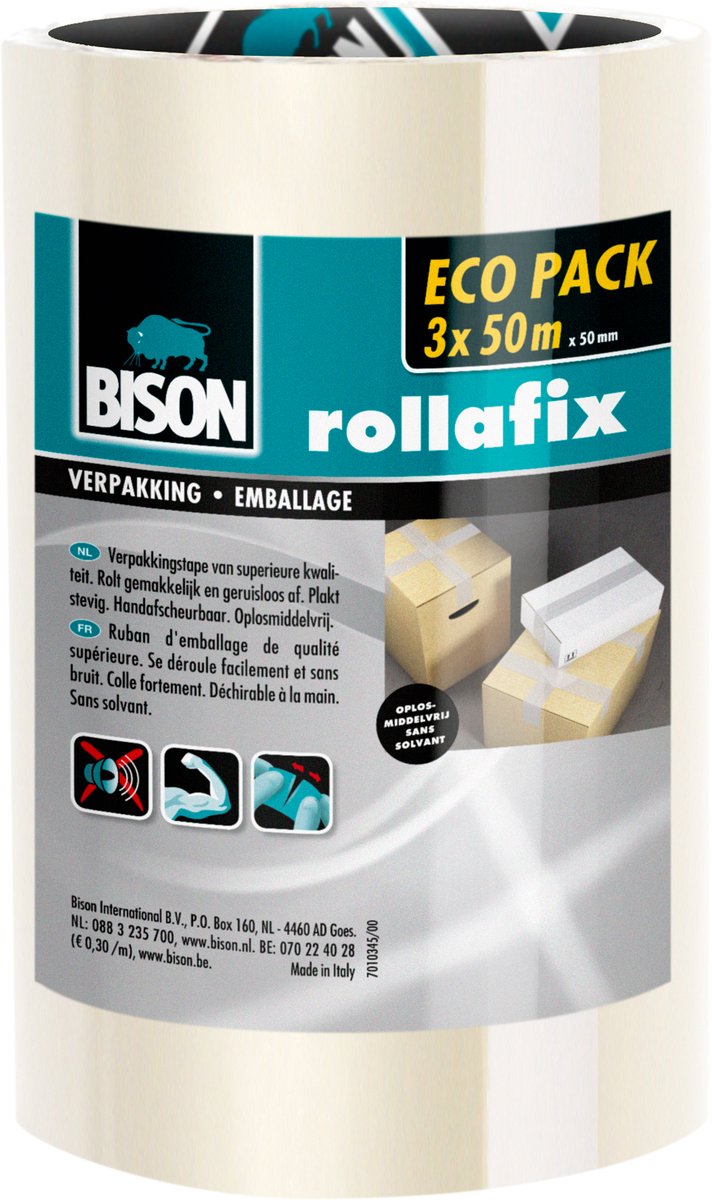 Bison 3 rollen rollafix verpakkingstape transparant voordeelpak 50 meter x 5 cm, met de hand afscheurbaar, sterke verpakkingstape