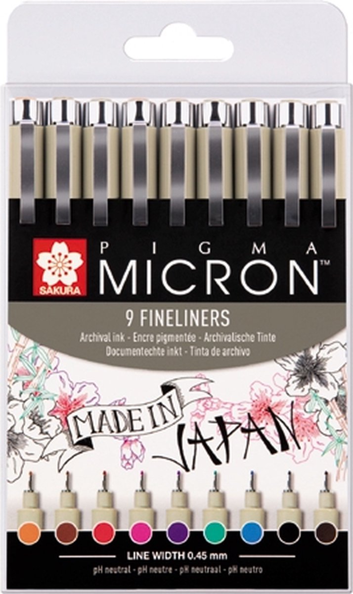 Sakura pigma micron 05 fineliners etui - 9 kleuren - 0.45mm