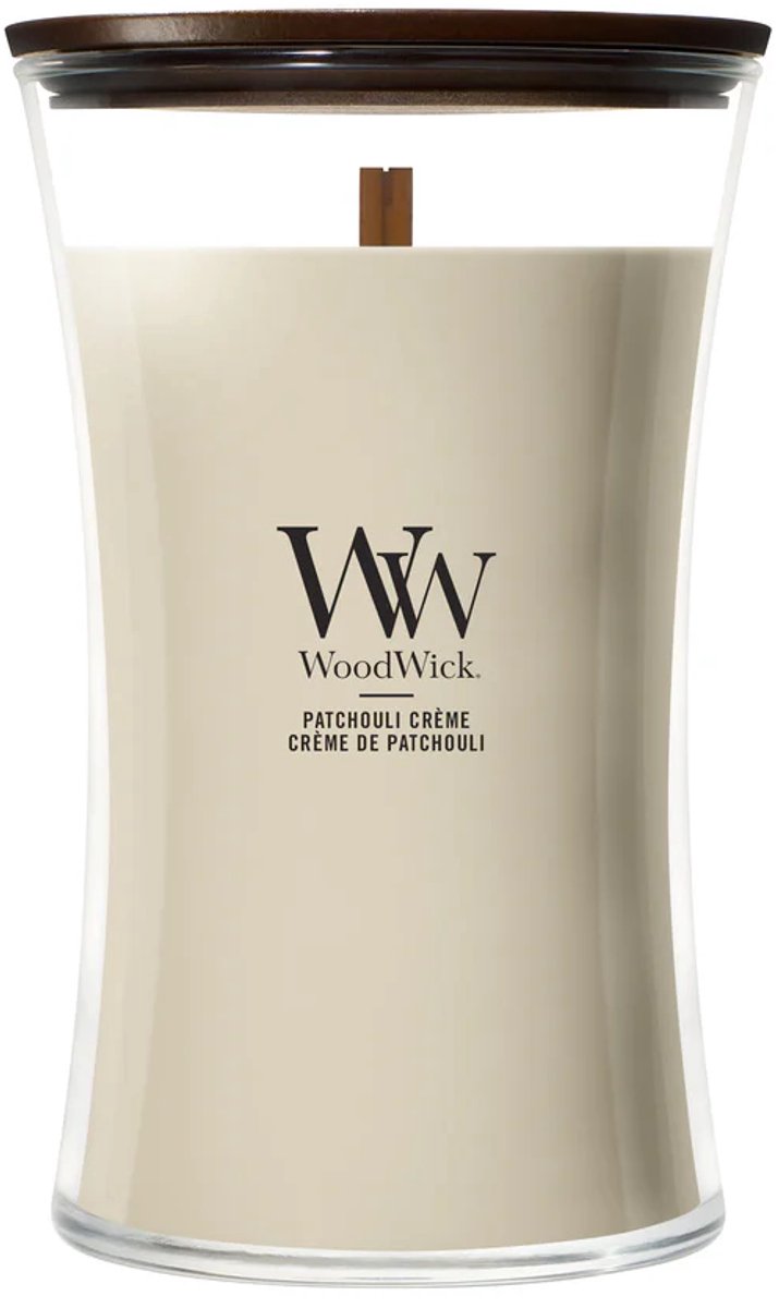 Woodwick hourglass large geurkaars - patchouli créme - 130 branduren