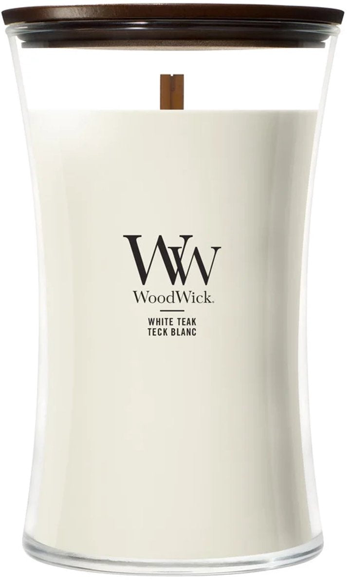 Woodwick hourglass large geurkaars - white teak - 130 branduren