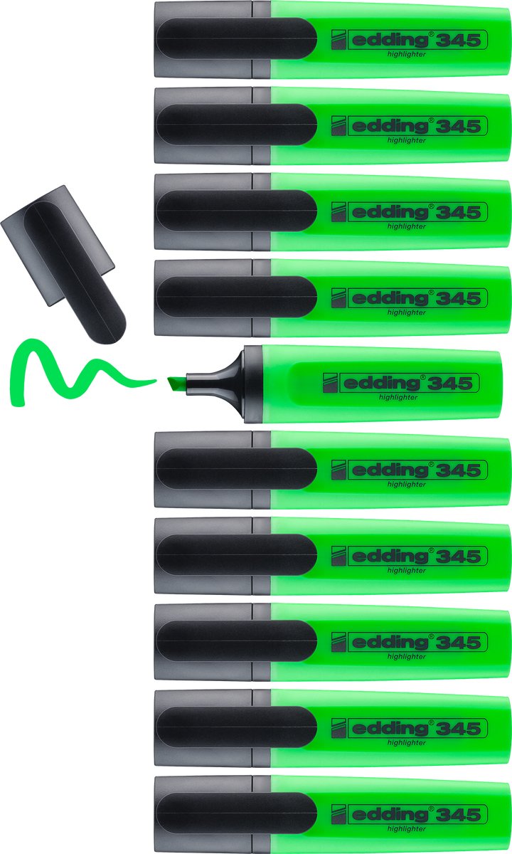 Edding 345 highlighter - lichtgroen - 10 markeerstiften - beitelpunt 2-5 mm - ideaal voor heldere markeringen en accentuering van tekstfragmenten en notities