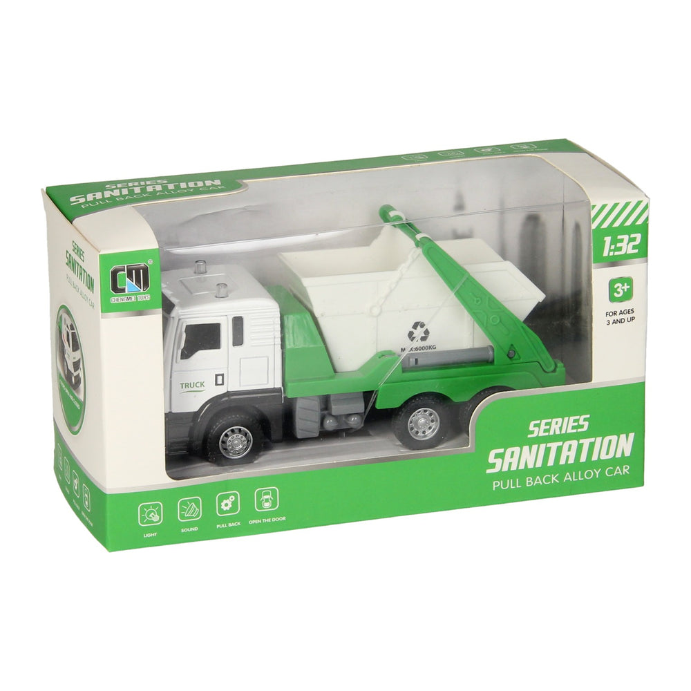 Vrachtwagen met afvalcontainer licht geluid