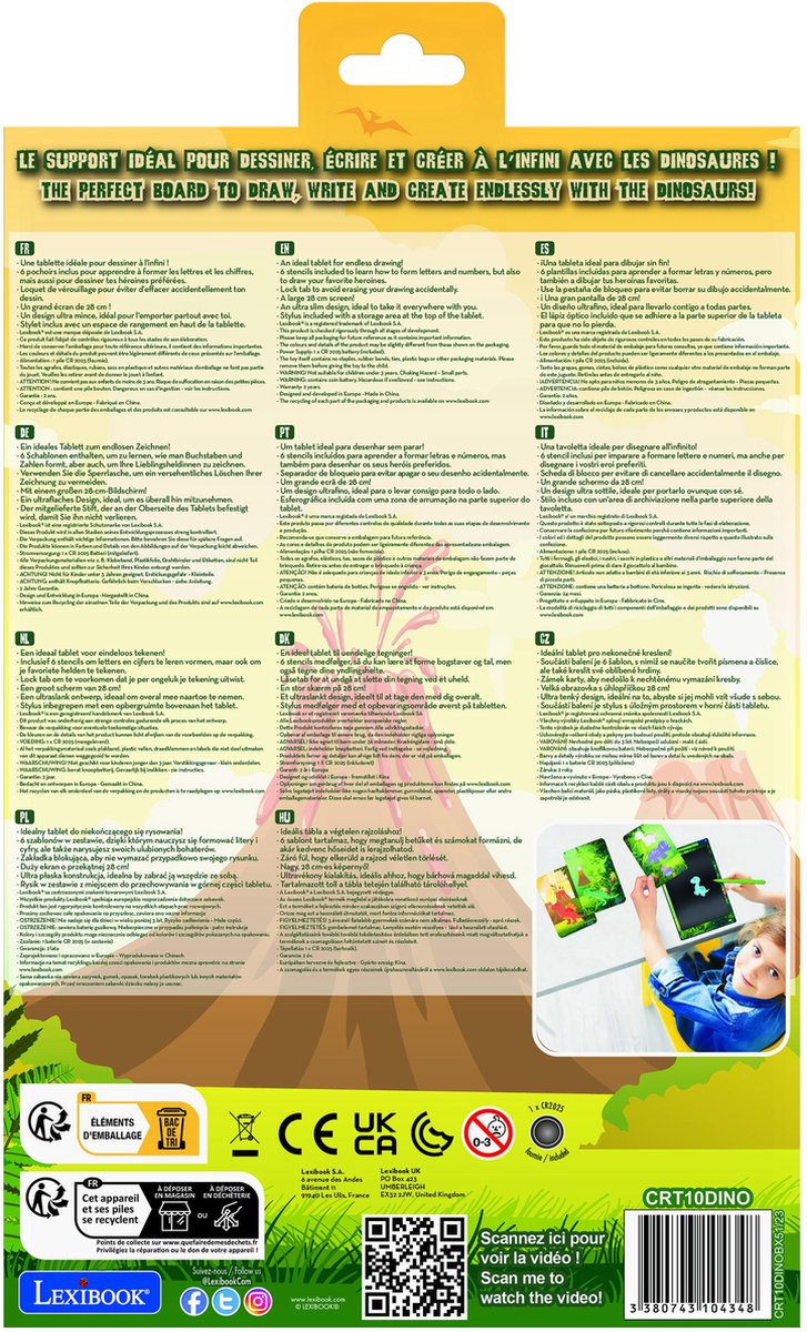 Lexibook dinosaurs 11 meerkleurige leer- en teken-e-ink-tablet met sjablonen