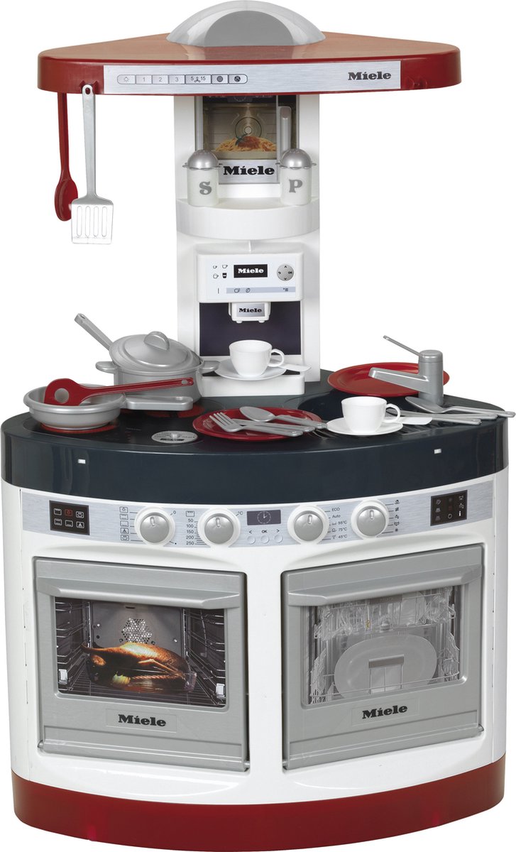 Klein toys miele keukendriehoek - kookplaat, espressomachine, oven, vaatwasser, afzuigkap, gootsteen - incl. bijpassende accessoires, licht- en geluidseffecten - rood grijs