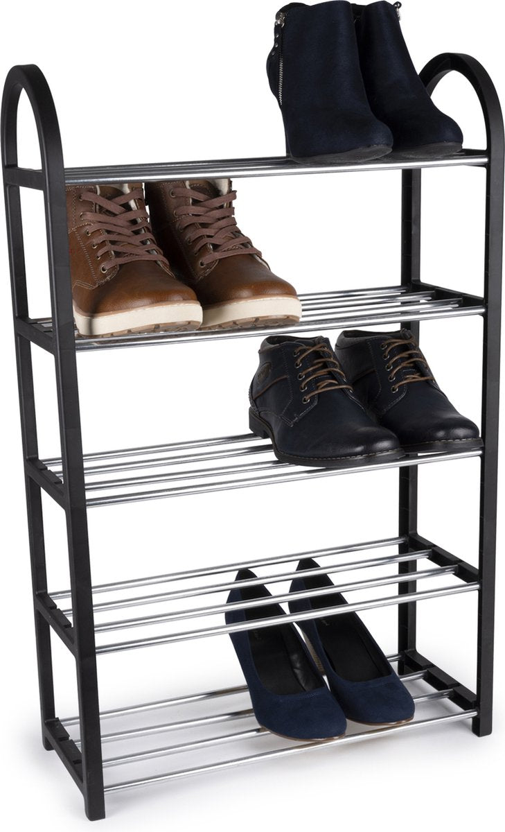Alpina schoenenrek - 5-laags schoenenrekje - opbergrek - 50 x 20 x 77 cm - ruimte voor 10-15 paar schoenen - makkelijk te monteren - zwart zilver