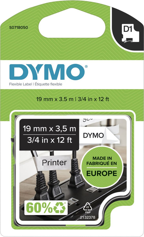 Dymo originele d1 duurzame polyester labels | zwarte tekst op wit label | 19 mm x 3,5 m | zelfklevende etiketten voor de labelmanager labelprinter | gemaakt in europa