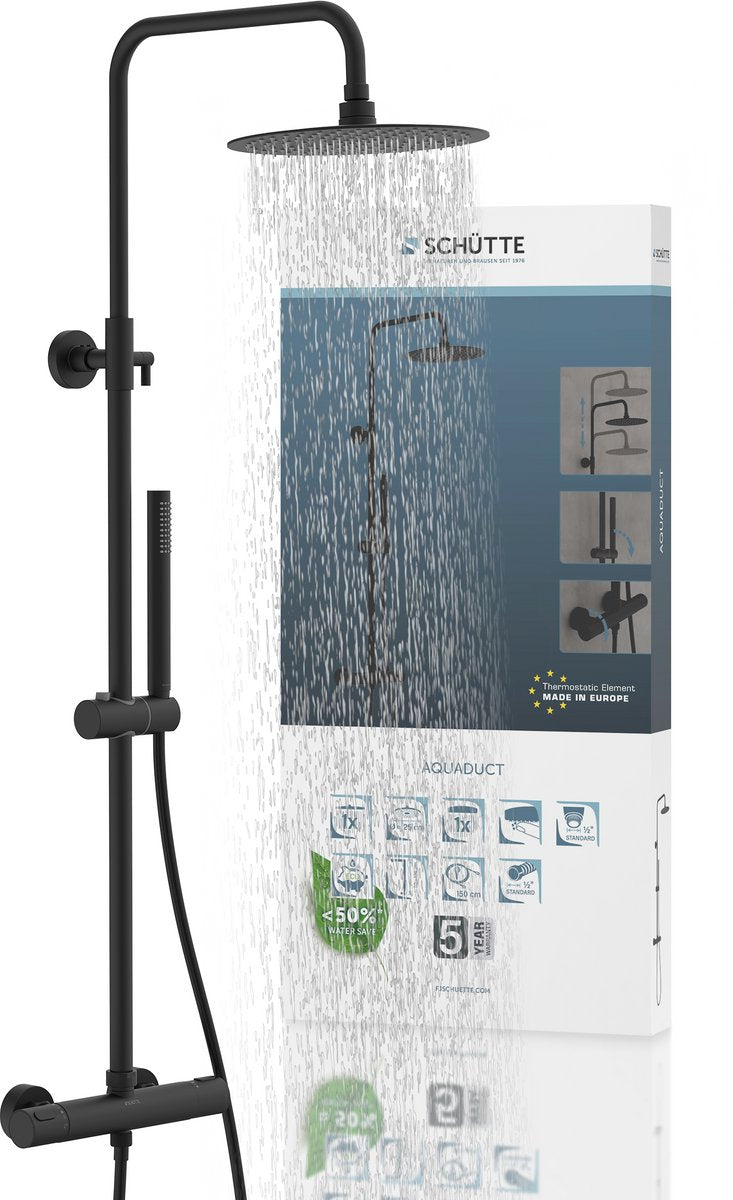 Schütte aquaduct douchesysteem - regendouche - lengte stang 80 - 120 cm - met thermostatische mengkraan - mat zwart
