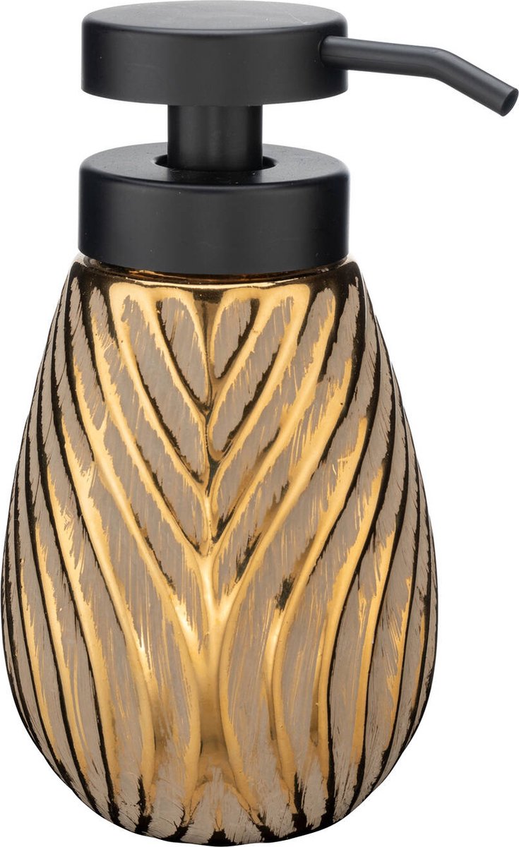 Wenko zeepdispenser idro goud keramiek met structuur 330ml - zeeppompje vrijstaand en navulbaar - badkamer toilet keuken