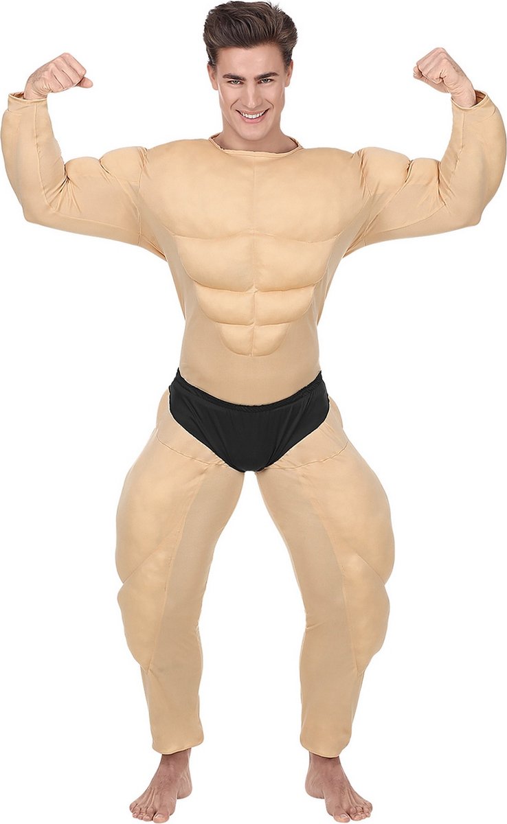 Widmann - opblaas dikmaak spierballen kostuum - opschepper van de sportschool bodybuilder - man - beige - large - carnavalskleding - verkleedkleding