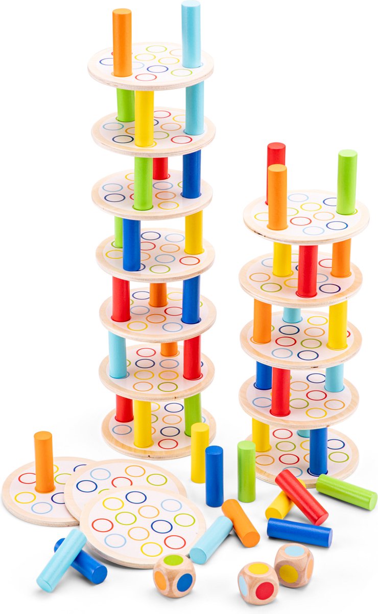 Woet ® houten balanstoren spel - educatief stapelspel met dobbelstenen - kleurenherkenning en motoriek - fsc - vanaf 3 jaar