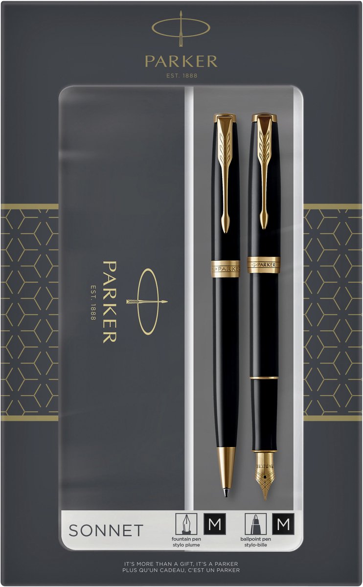 Parker sonnet duo geschenkset met balpen en vulpen (18-karaats gouden punt) | glanzend zwart met gouden trim | zwarte inktpatronen en navullingen