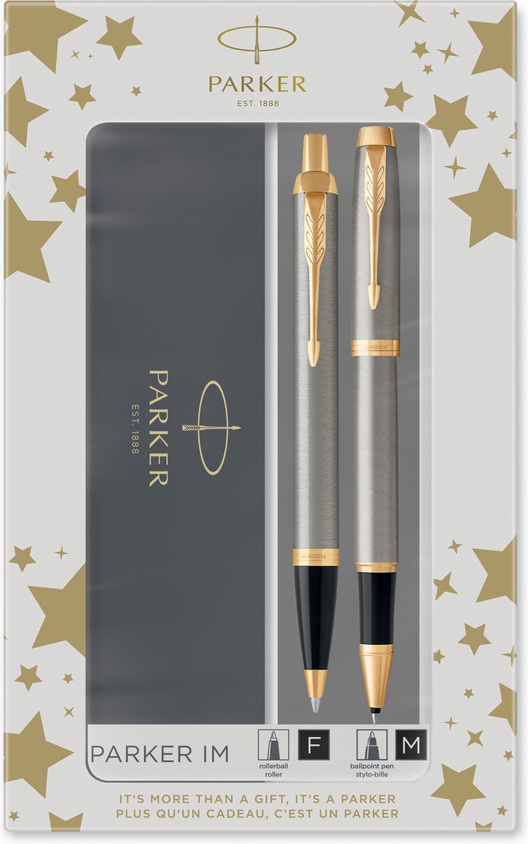 Parker im duo-geschenkset met balpen en rollerbal pen | geborsteld metaal met gouden rand | zwarte inktvulling en -cartridge | cadeauverpakking