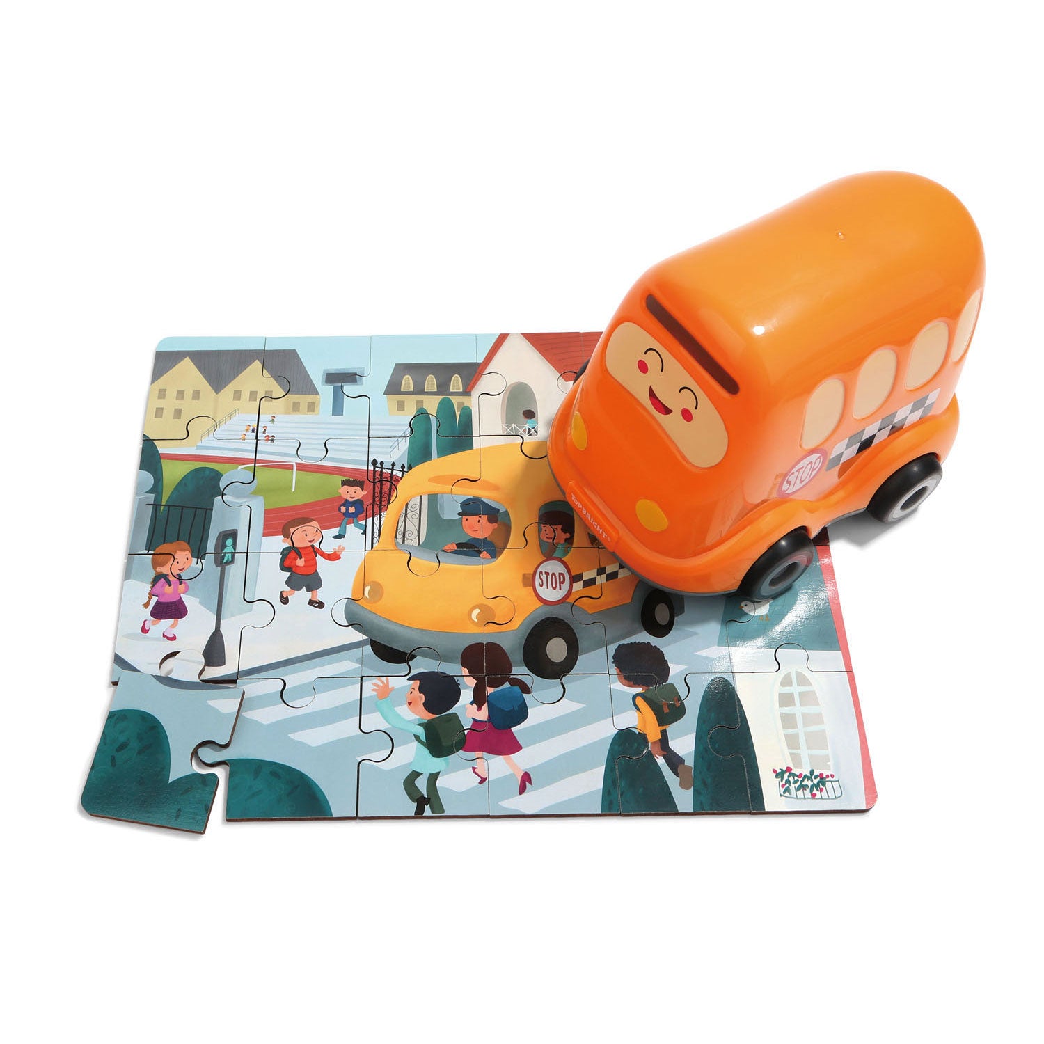 Houten Legpuzzelschool met Schoolbus, 24st.
