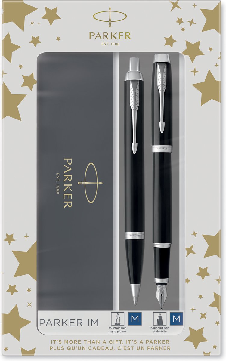 Parker im duo geschenkset met balpen en vulpen | glanzend zwart met chromen afwerking | inktnavulling en inktpatroon met blauwe inkt | cadeauverpakking