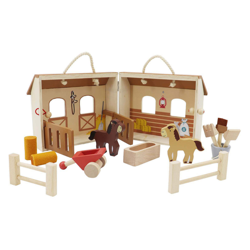 Houten paardenstal speelset draagbaar, 13dlg.