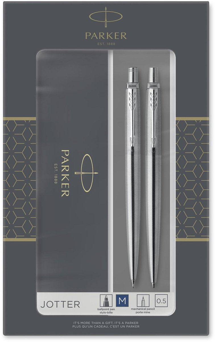 Parker jotter duo geschenkset balpen en vulpotlood (0.5mm) - blauwe inkt - roestvrij staal met chromen afwerking