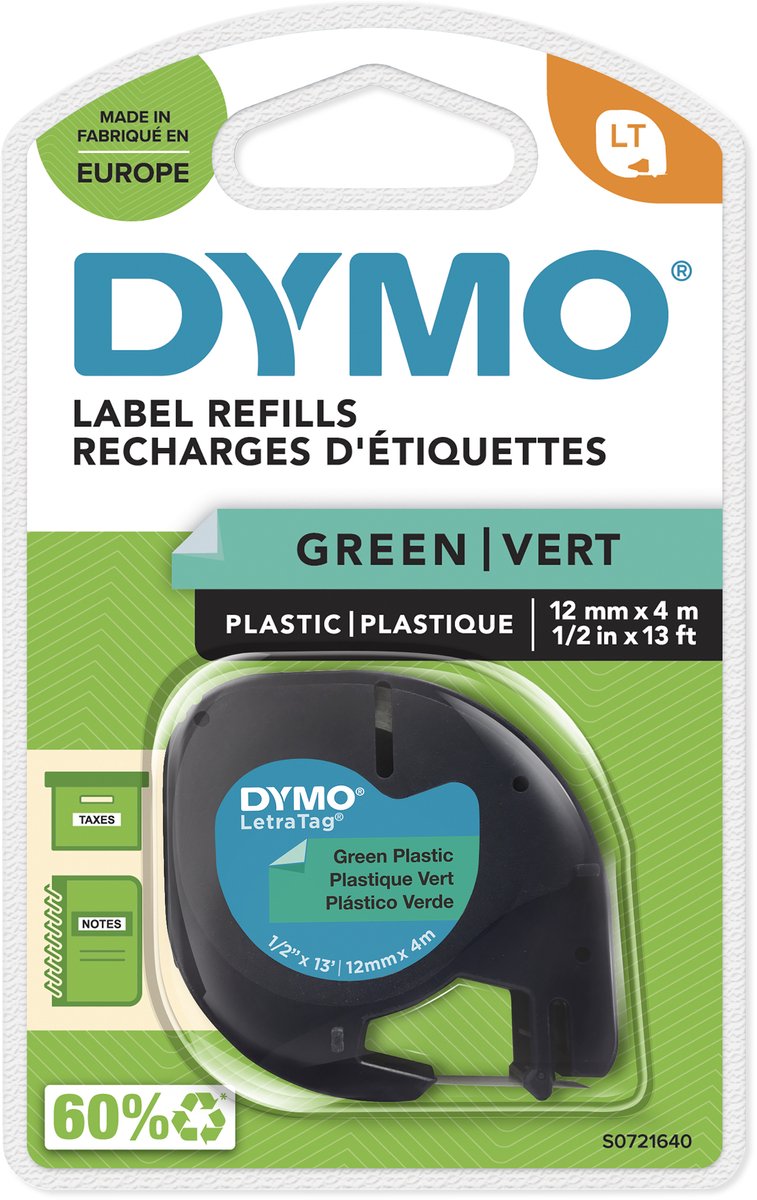 Dymo letratag originele plastic labels | zwarte afdruk op groene etiketten | 12 mm x 4 m | zelfklevende multifunctionele labels voor letratag labelprinters | gemaakt in europa