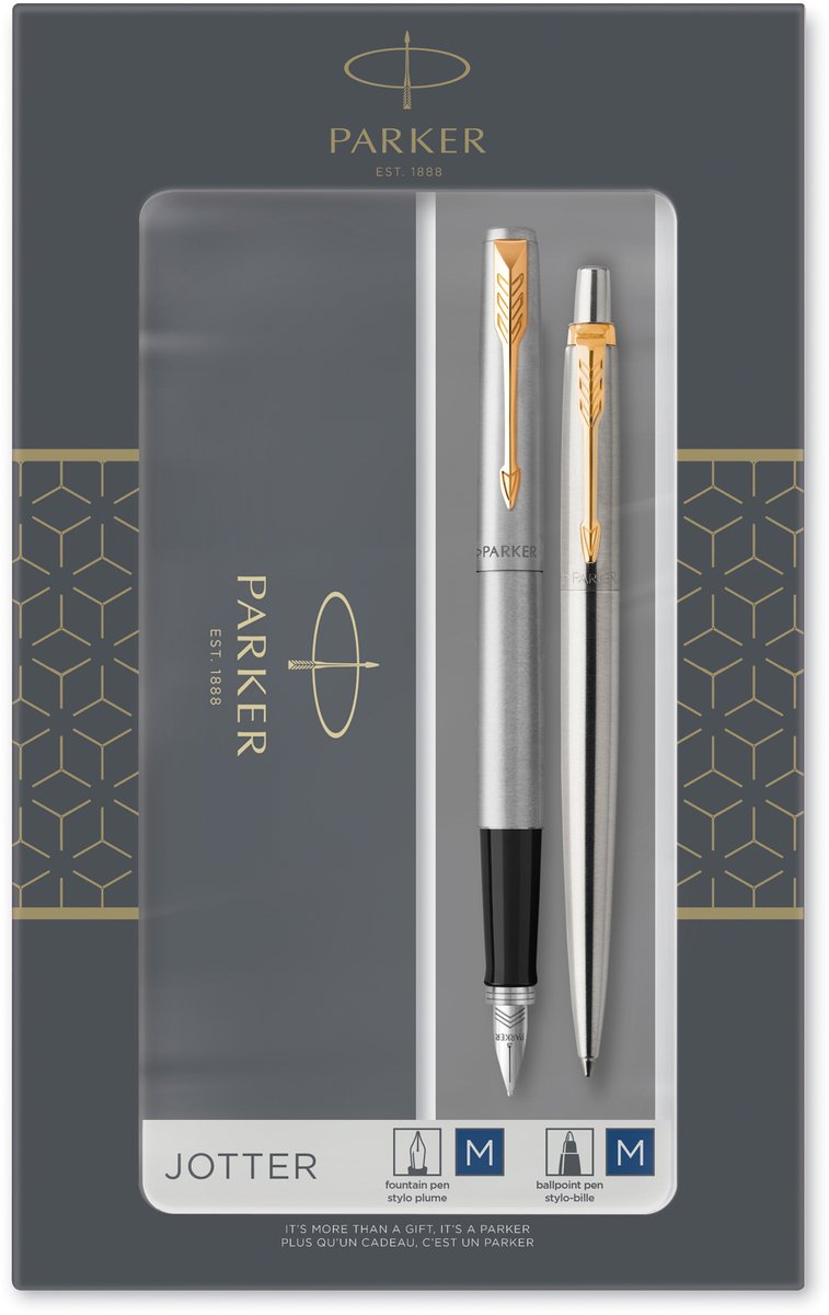 Parker jotter duo geschenkset met balpen en vulpen | roestvrij staal met gouden trim | blauwe inktvulling en patronen | geschenkverpakking